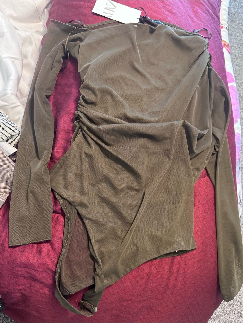 Zara Olive Green Long Sleeve Ruched Bodysuit